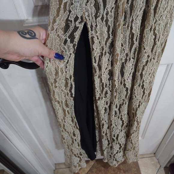 Free People Maxi Dress Blackened Crushed Gold Lace Embroidered Beaded RARE! - Picture 8 of 16